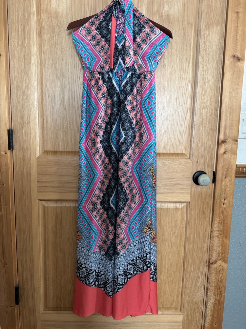 Boho Halter Maxi Dress in Coral and Teal